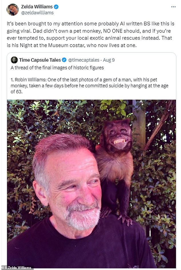 Robin Williams' daughter Zelda, 35, had some words about a viral photo of her dad with a monkey on his shoulder