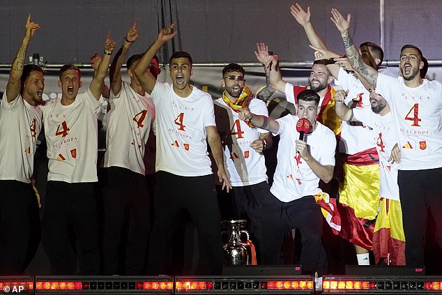 Rodri (fourth from left) and Alvaro Morata (with microphone) have been given suspensions by UEFA