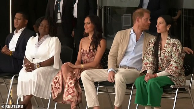 Prince Harry looked super relaxed as he watched a tribal dance in Bogotá, Colombia, with his wife Meghan Markle on Thursday