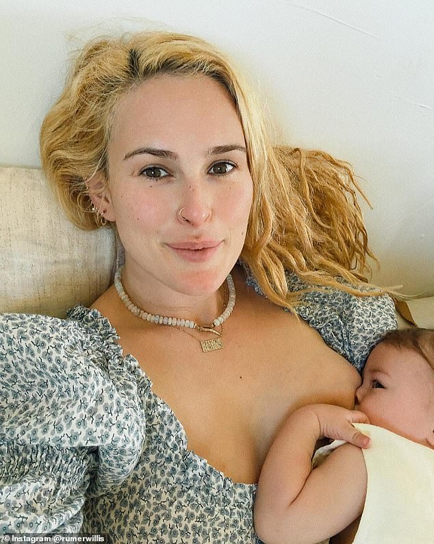 Rumer Willis, 35, proudly bared her bosom as she celebrated World Breastfeeding Week on social media on Monday, sharing candid photos of her nursing daughter Louetta, 16 months old