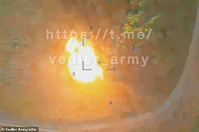 Russian war media shared a video of an alleged British Challenger 2 tank being hit by a kamikaze drone in the Kursk region, Russia