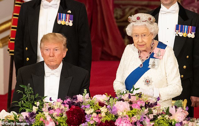 Queen and Trump at the state banquet in 2019, when they were 'sat side by side... at a huge U-shaped table groaning with beautiful flowers and glittering crystals'