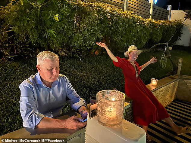 New South Wales MP Michael McCormack with the makeshift studio Sarah Carter (right) recently assembled on a trip