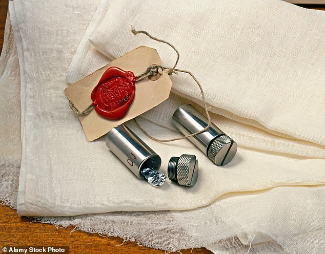 The research in question is a 1988 study that performed carbon dating on a piece of the shroud. Pictured are the sample containers that held strips of the cloth