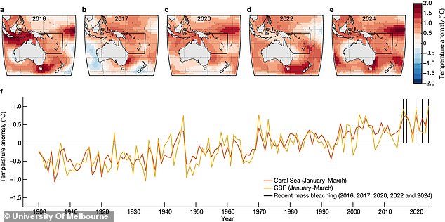 They found that ocean temperatures around the natural wonder are now the highest in at least 400 years, 0.34 degrees Fahrenheit above the previous record high.