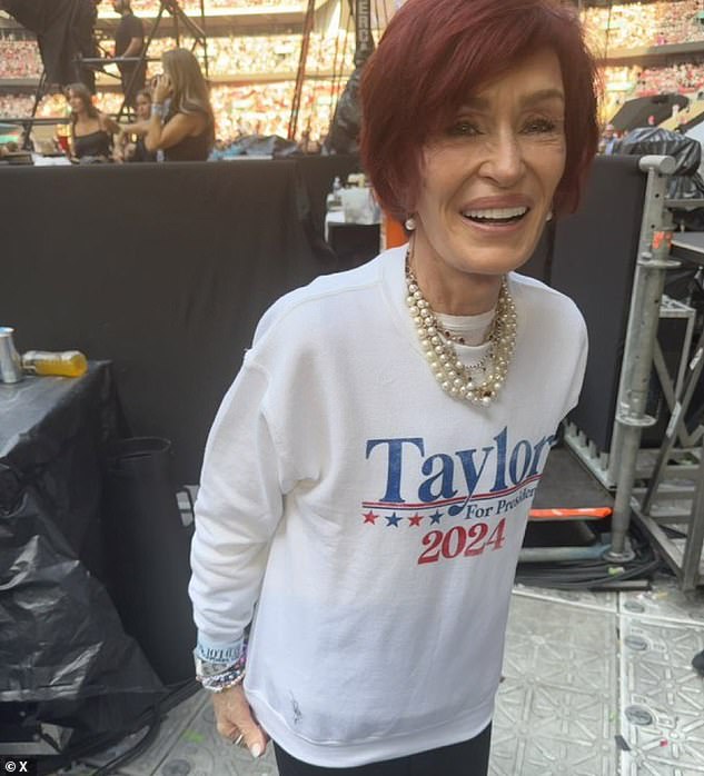 Sharon Osbourne wore a hilarious sweater that read Taylor Swift should be President of the United States as she arrived for the singer's latest Eras Tour show on Saturday.