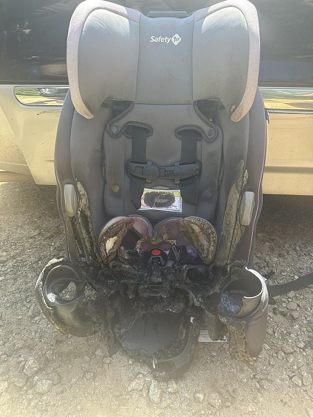 A child seat in the car spontaneously caught fire moments after the family went inside after returning home from church in North Carolina on Sunday.