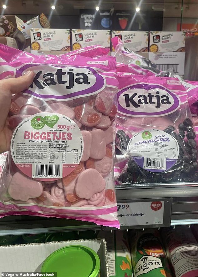 Aldi Australia has launched Katya Piglets in stores (left), which shoppers have described as a 'copycat' of the British M&S Percy Pig gummy lollies