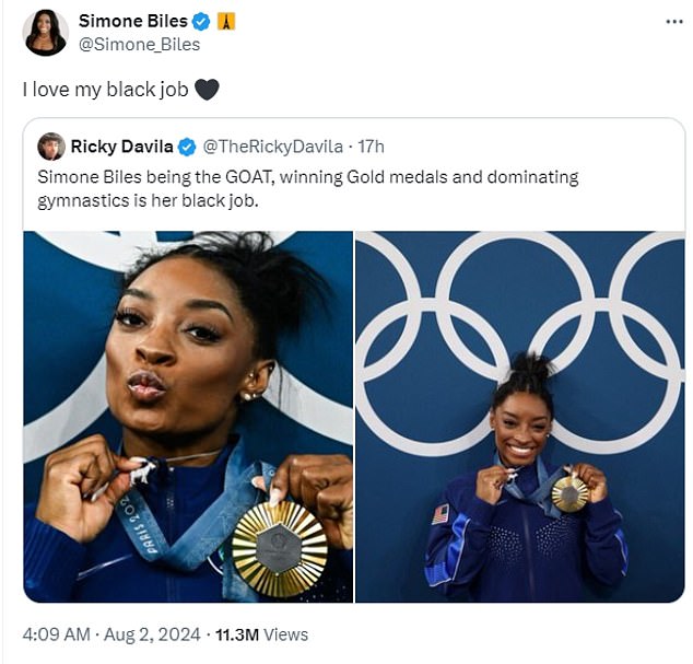 Simone Biles appeared to take a dig at former President Donald Trump on Friday, writing on social media: 'I love my black job'