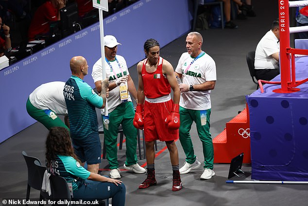 Imane Khelif, 25, on the sidelines at today's highly anticipated boxing match