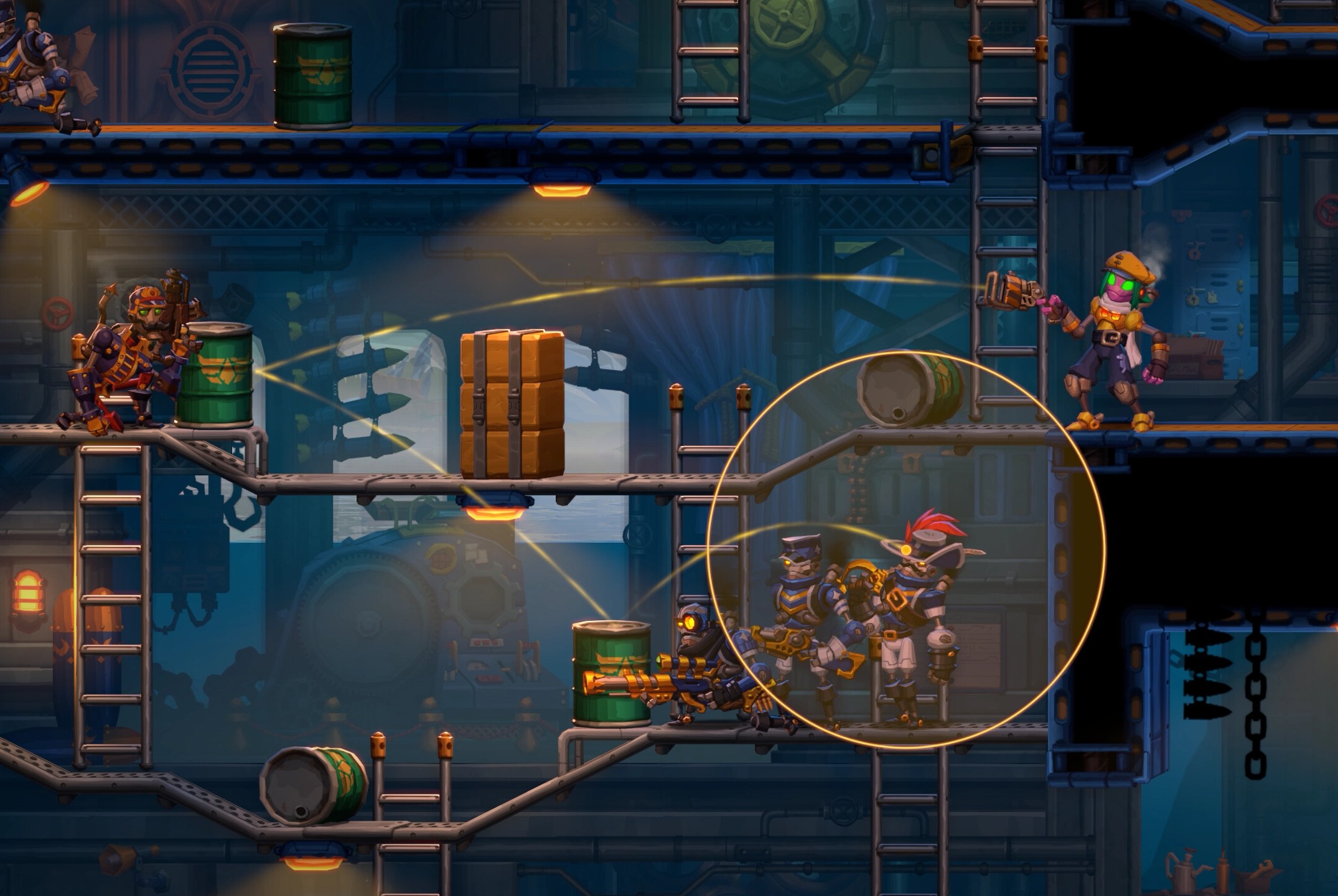 A grenade is aimed by a sniper in Steamworld Heist 2