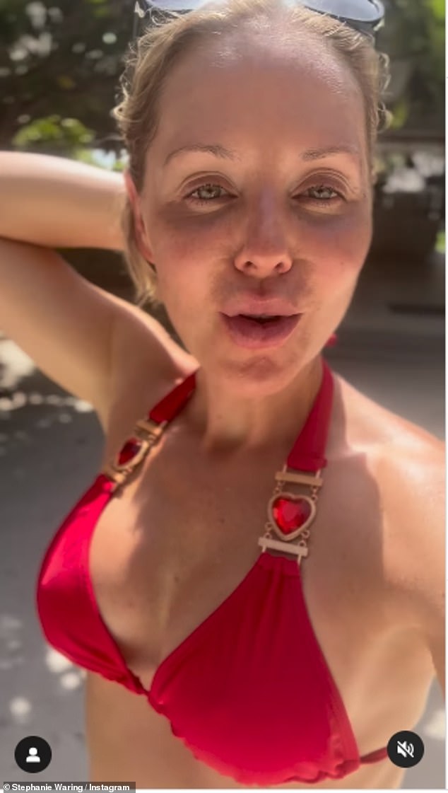 Ex-Hollyoaks star Stephanie Waring flaunted her incredible body in a skimpy red bikini as she showed off her luxury villa upgrade following her impromptu Maldives wedding