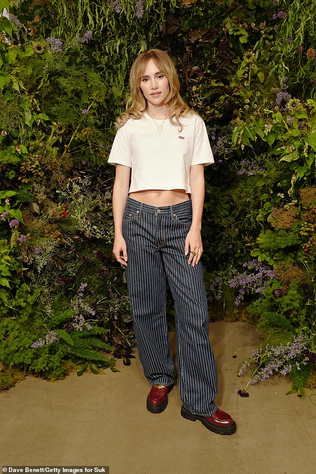 Suki Waterhouse looked casual in a pair of striped pants as she hosted her Memoir of a Sparklemuffin album listening party at Levi's Haus on Wednesday