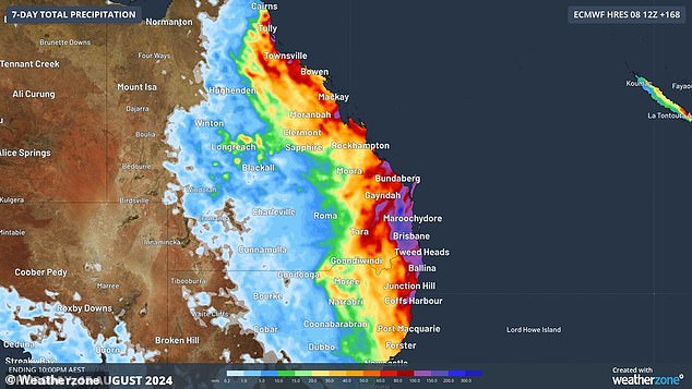 Parts of the Queensland coast could receive up to 150mm of rain from the ensuing trough (pictured)