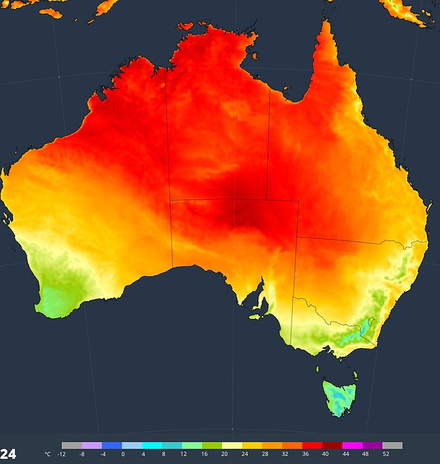 Expected maximum temperatures for Saturday August 24