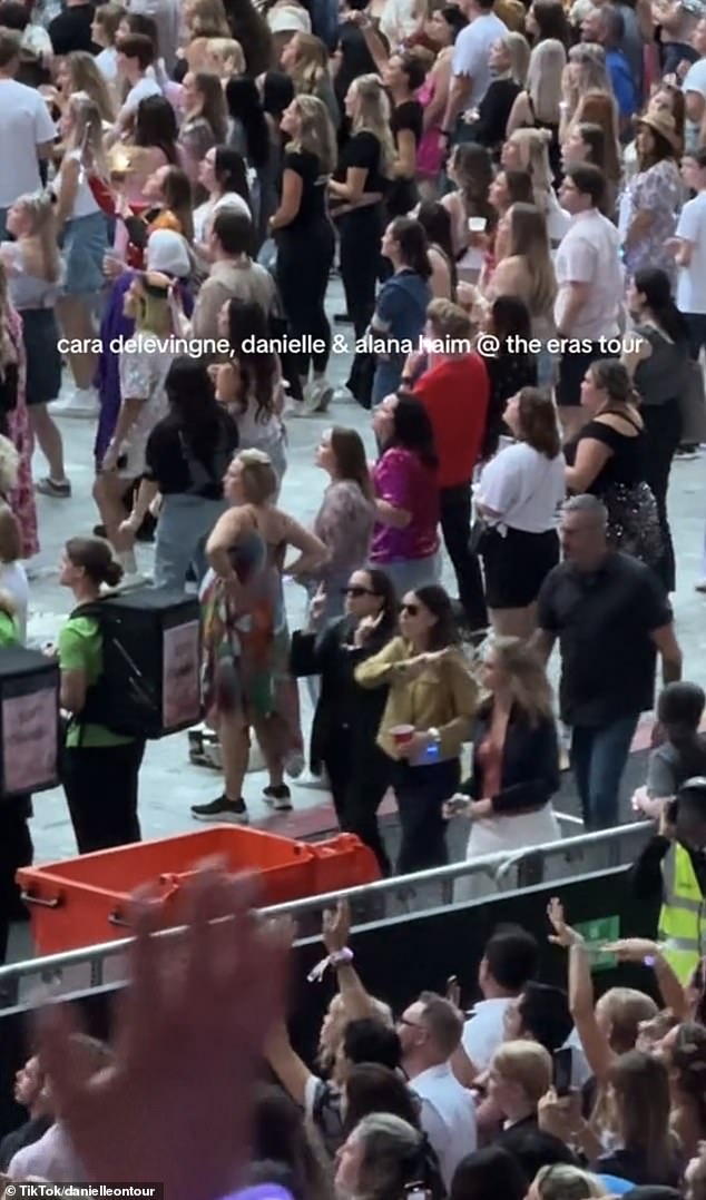 Cara Delevingne and Haim sisters Alana and Danielle danced the night away as they supported BFF Taylor Swift at her final European Eras Tour night at Wembley on Tuesday