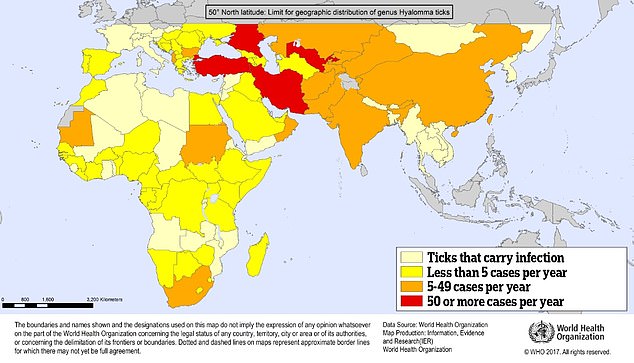 The World Health Organization map shows the distribution of CCHF cases worldwide by year. Turkey, Iran, Uzbekistan and parts of Russia register more than 50 cases per year. Meanwhile, five to 49 cases are detected annually in parts of Europe (Bulgaria and Albania), Africa (South Africa, Sudan and Mauritania) and Asia (India, Pakistan, Afghanistan, Oman, China and Kazakhstan)