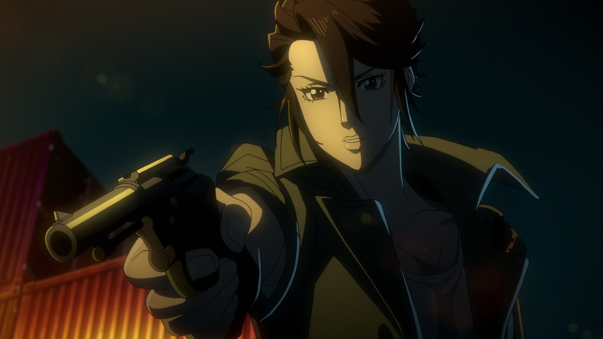 An anime woman aiming a gun in Terminator Zero.