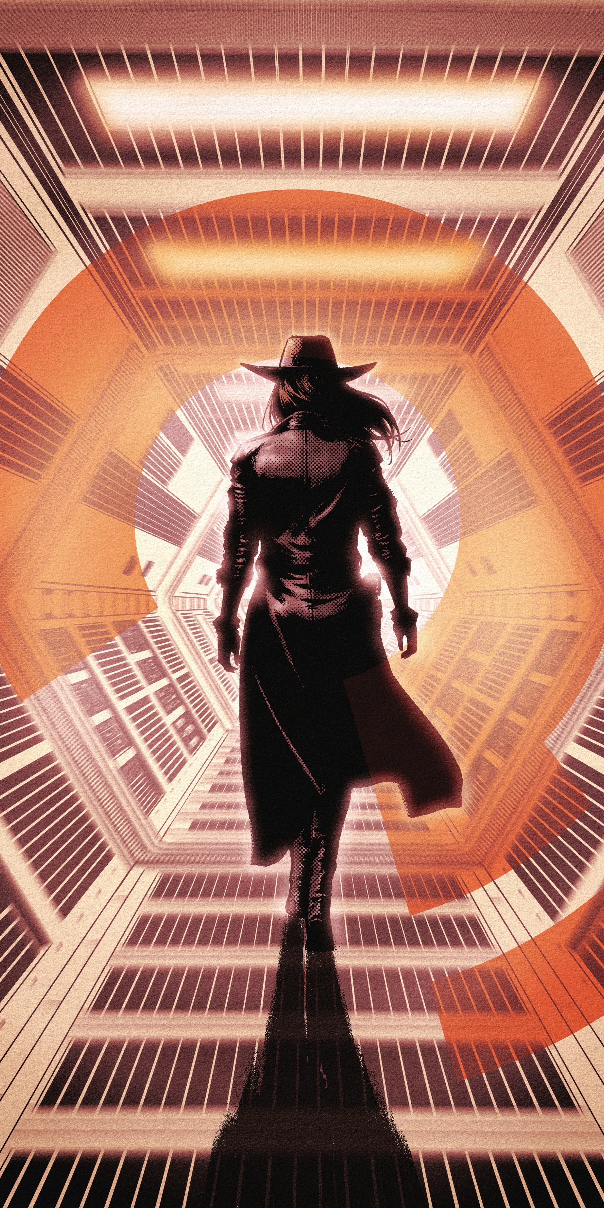 Renee Montoya/The Question walks down a futuristic hallway in her cool trench coat and hat.