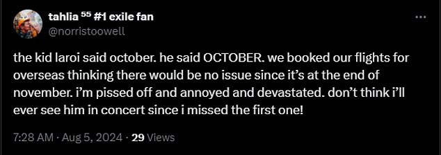 Revealing he planned to catch up on the shows in October, the announcement of a November run has left some fans out in the cold