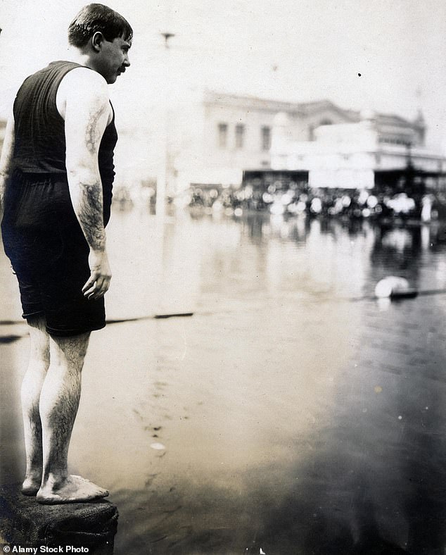 WE Dickey of the New York Athletic Club, winner of the Plunge for Distance competition at the 1904 Olympic Games with a throw of 62 feet, 6 inches