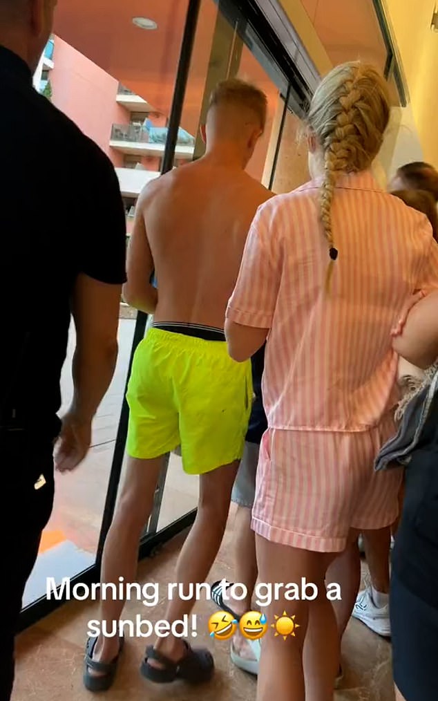 The footage of tourists rushing to grab a sunbed starts by showing a group of tourists waiting to rush to the pool early in the morning