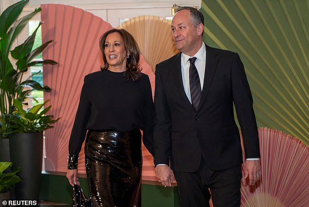 Kamala Harris and Emhoff arrive together for an official state dinner at the White House on April 10