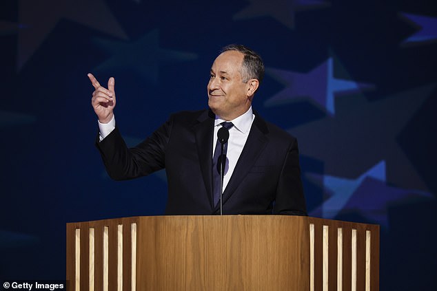 Second Gentleman Doug Emhoff speaks onstage during the second day of the Democratic National Convention