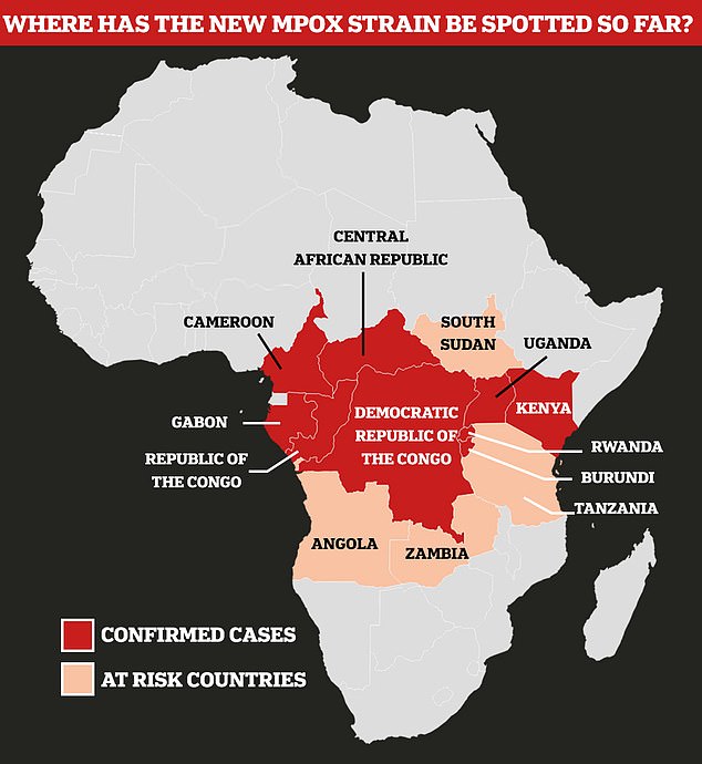 This map shows the areas where cases of the new mpox strain have been confirmed (shaded in red) and the countries where UK health officials say there is a risk of cases emerging.