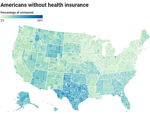 Data from the U.S. Census Bureau suggests that in some areas, as many as one in three Americans lacks health insurance.