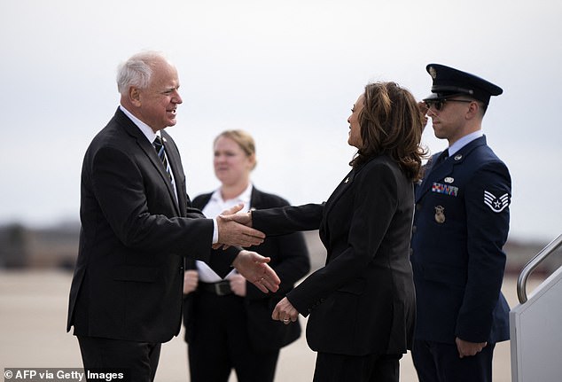 Governor Walz greets Vice President Kamala Harris at Minneapolis-St. Paul International Airport in Saint Paul, Minnesota on March 14, 2024