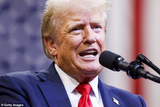 Trump speaks at a rally in the Brick Breeden Fieldhouse at Montana State University on August 9, 2024 in Bozeman, Montana