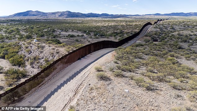 This aerial photo taken on December 8, 2023, shows the U.S.-Mexico border wall in Sasabe, Arizona.