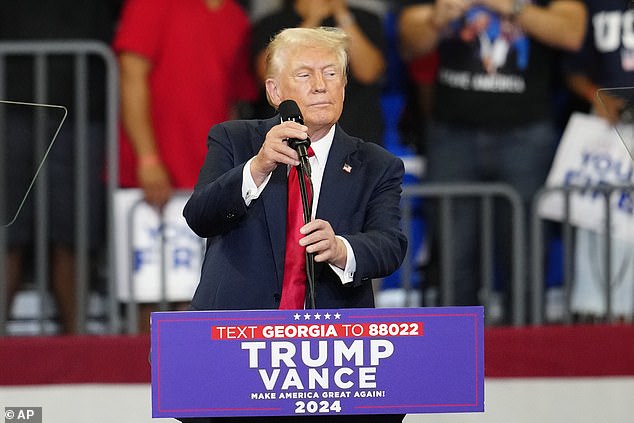 Donald Trump addresses a crowd of supporters in Atlanta on Saturday, where he repeatedly criticized Kamala Harris