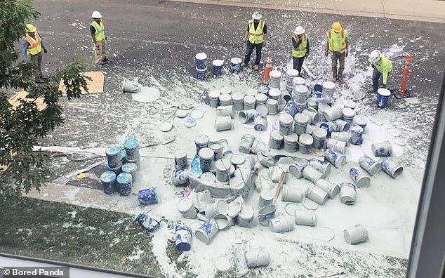 People from all over the world have been sharing snaps of the worst day they've ever had at work - like these co-workers who had to deal with this massive paint spill