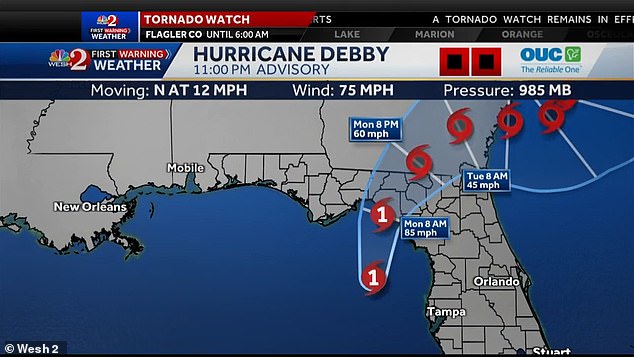 This forecast shows where Hurricane Debby will make landfall. By 8 a.m. Monday, winds will have increased to 85 miles per hour when it reaches the Big Bend region of Florida, where Tallahassee is located