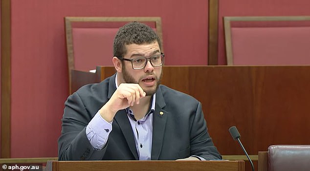 Senator Jordon Steele-John is pictured in the Senate on Tuesday evening during his ten-minute speech