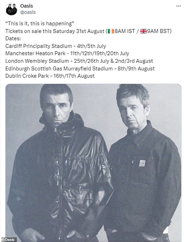 Announcing the Oasis Live 25 tour, the legendary band said: 'The guns have fallen silent. The stars have aligned. The great wait is over. Come and see it. It won't be televised.'