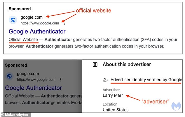 The new ad campaign, found by anti-malware software company Malwarebytes, featured a Google.com URL link that had previously been a sign of assurance that the site was legitimate