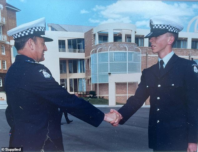 Former Victoria Police Chief Kelvin Glare welcomes Matthew Cocks to the ranks in 1988