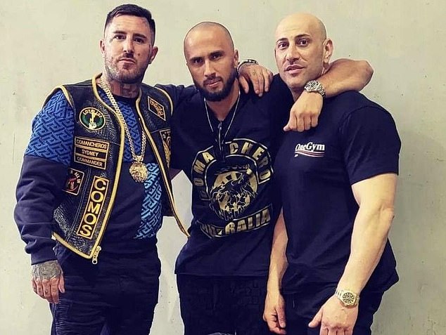 Bemir Saracevic (center) is seen with his fellow Comancheros Allan Meehan (left) and Tarek Zahed (right)