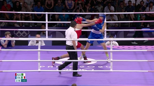 Imane Khelif (left) hit her Italian opponent Angela Carini (right) with a huge right hand