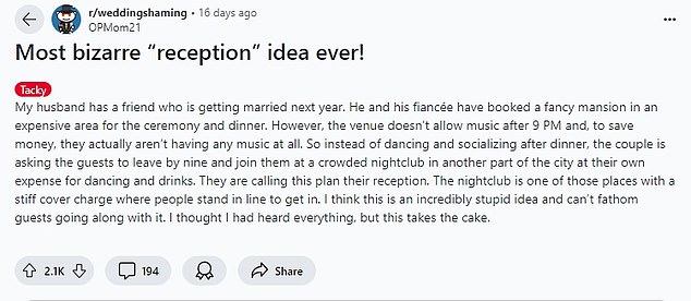 A woman took to the wedding subreddit to complain about the reception plans for a wedding she was supposed to attend next year