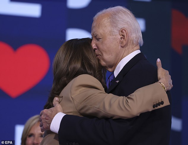 Vice President Kamala Harris told Joe Biden he was 'awesome' and made her 'cry' after he finished his emotional speech at the Democratic National Convention last night. The president is seen embracing her after his speech