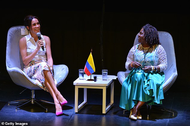 Meghan speaks as part of the panel at the Afro-Women and Power Forum in Cali