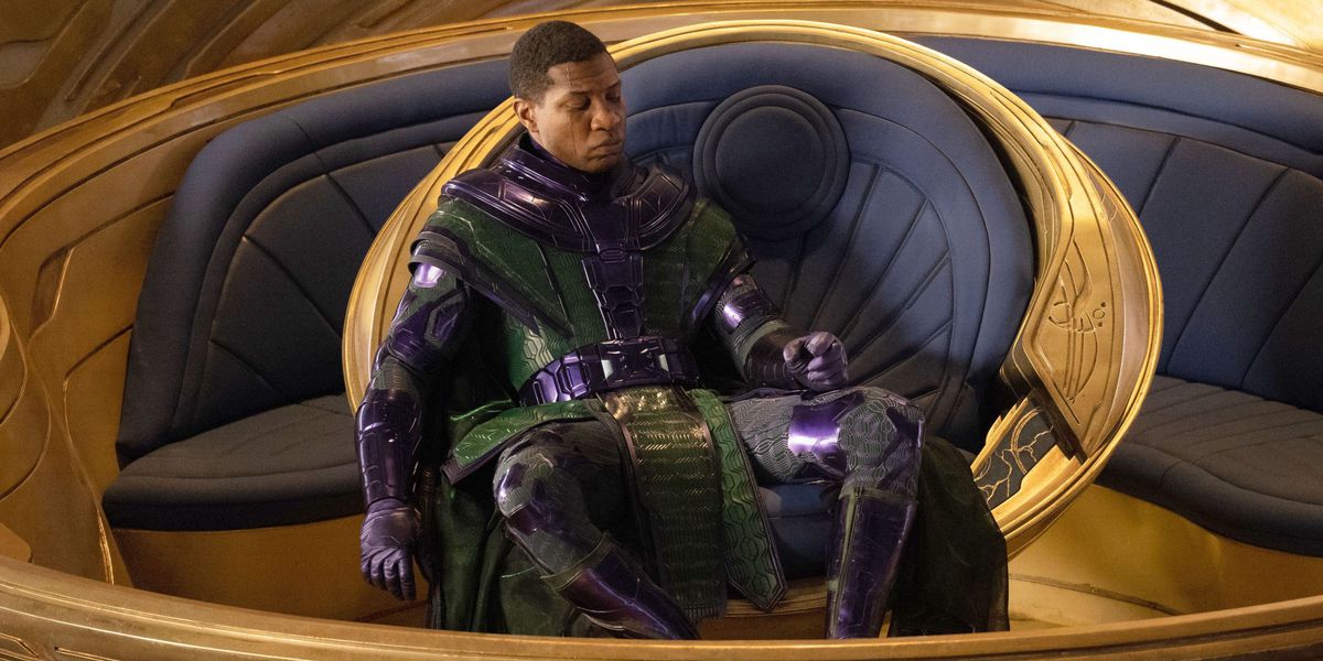 Kang sits atop his multiversal spaceship throne in Ant-Man and the Wasp: Quantumania