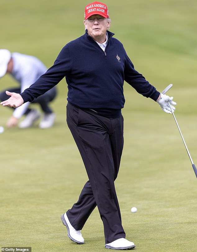 The former US President (pictured at Turnberry) bought the iconic course in Scotland in 2014