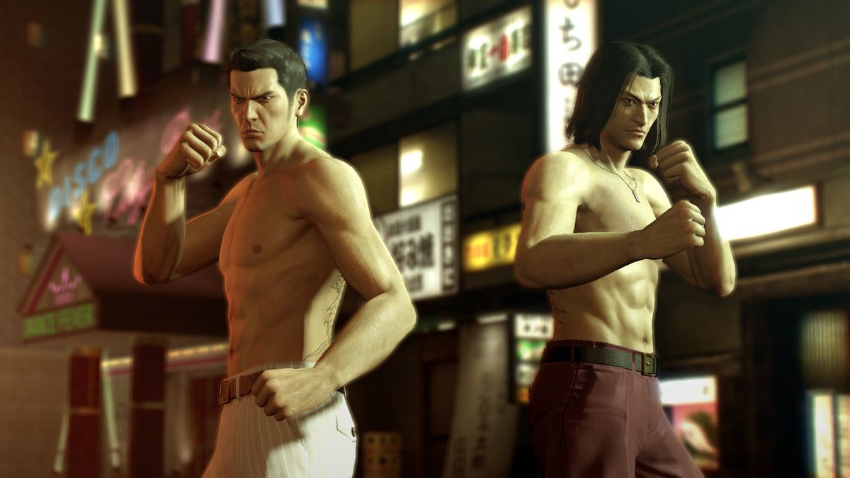 Kiryu Kazuma and Akira Nishikiyama stand side by side, shirtless, ready to fight off-screen opponents in a screenshot from Yakuza 0