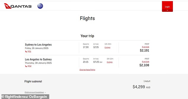 Flights from Sydney to Los Angeles were advertised for $2,191, while flights from Los Angeles to Sydney were available from $2,108