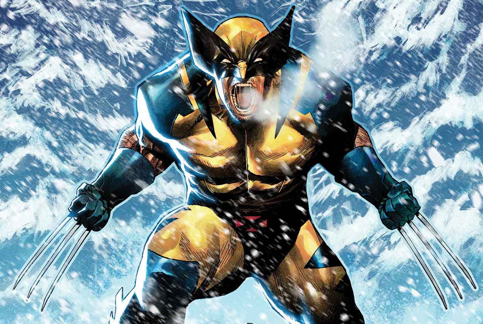 Detail of the cover of Wolverine #1 from 2024, showing a roaring Wolverine standing in the snow with his claws extended, his eyes narrowed